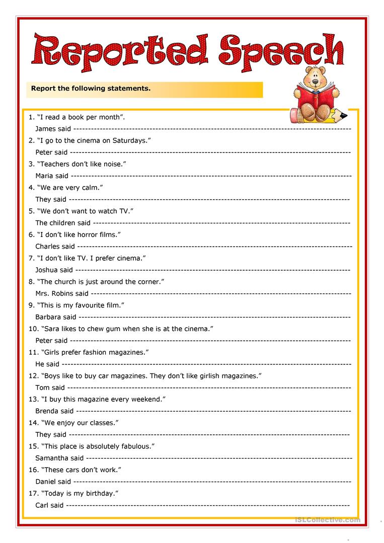 reported speech worksheets with answers